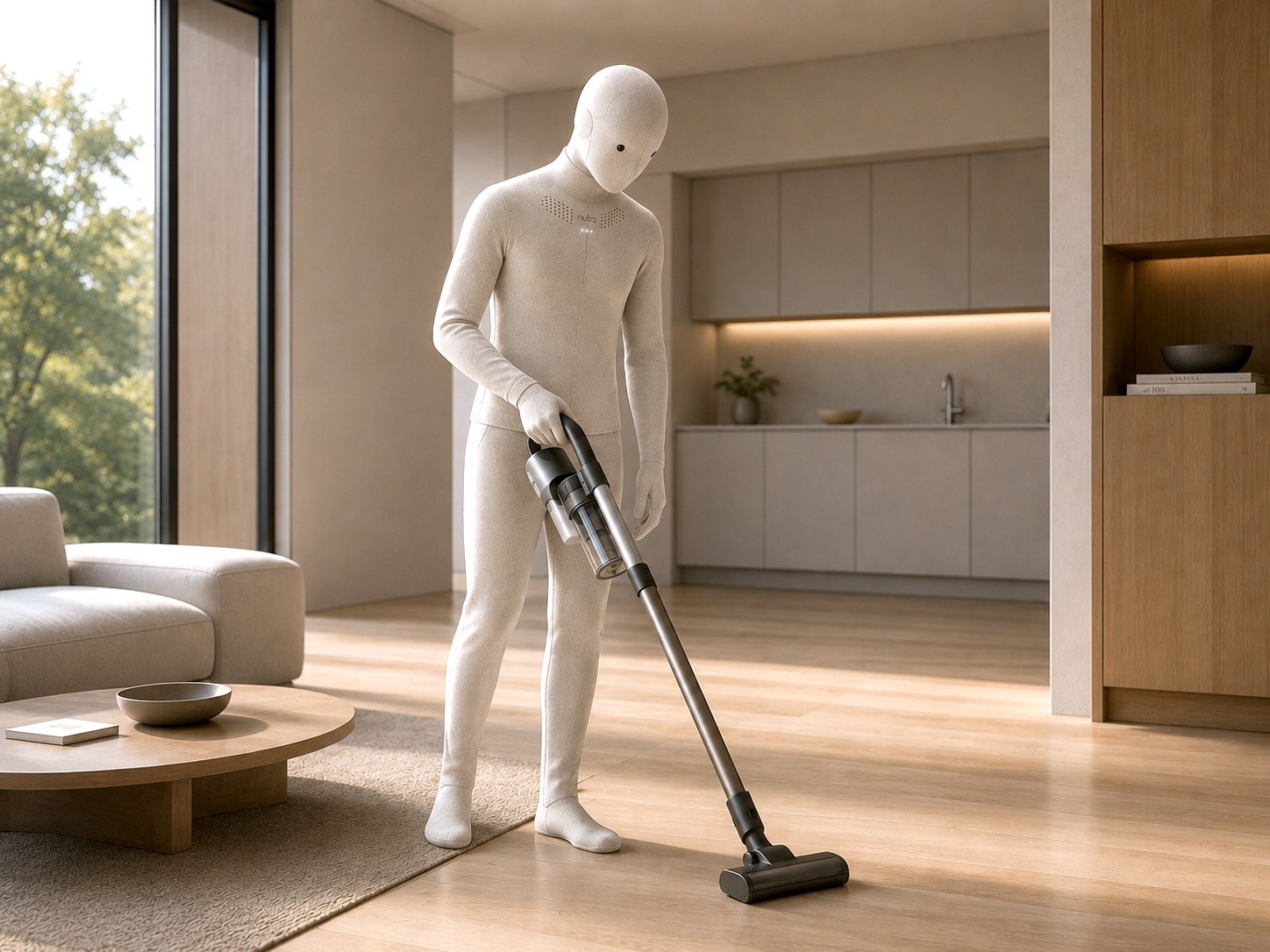 Robot is vacuum cleaning the living room
