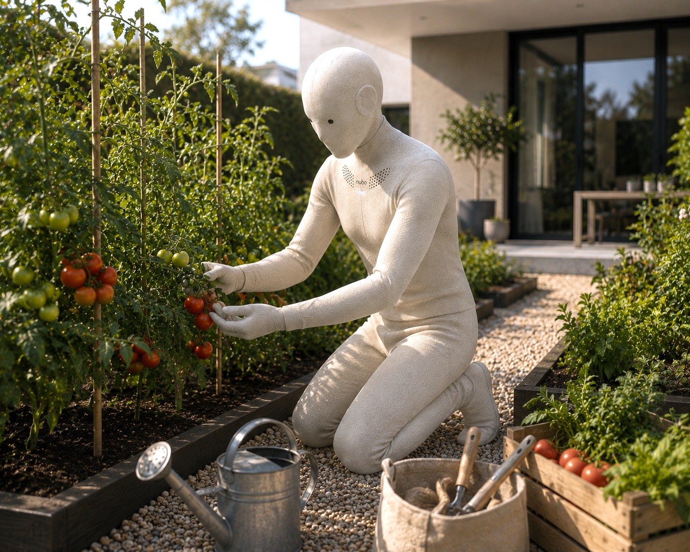 Nubo humanoid robot at home — Charges the bike, not just itself