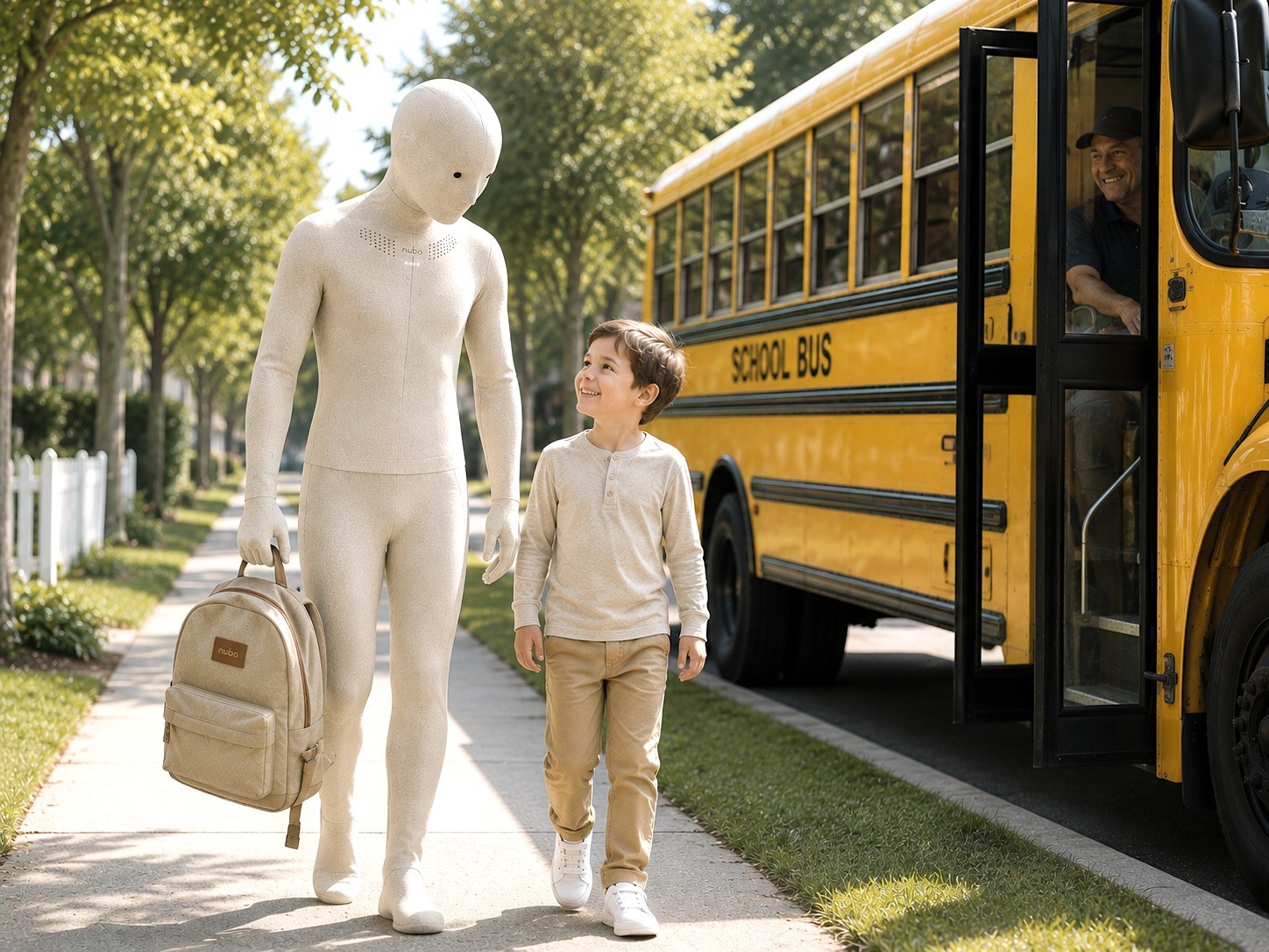 Nubo humanoid robot helping gently around young children at home
