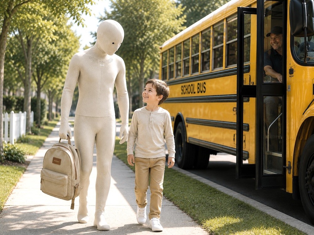 Robot escorting the child to the schoolbus