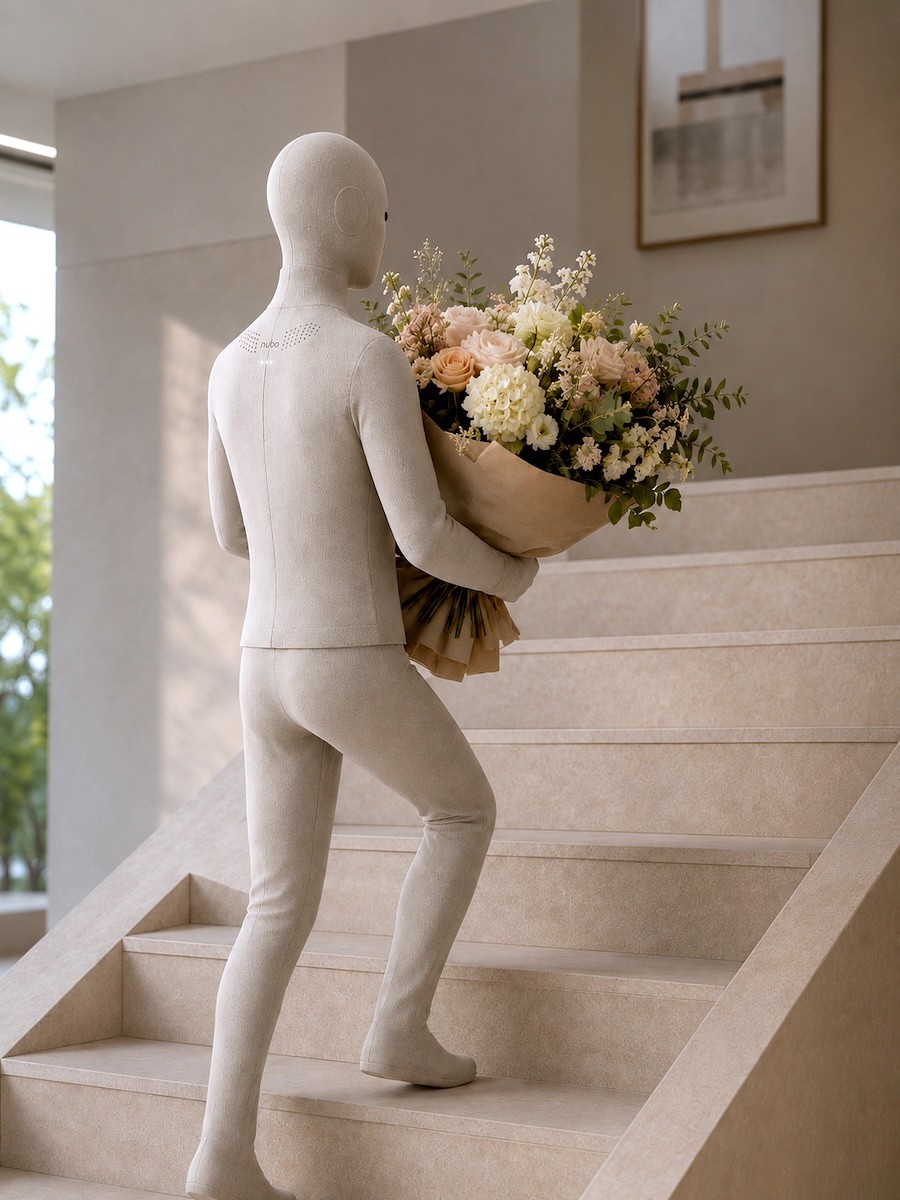 Nubo humanoid figure carrying a large floral bouquet up marble stairs, viewed from behind