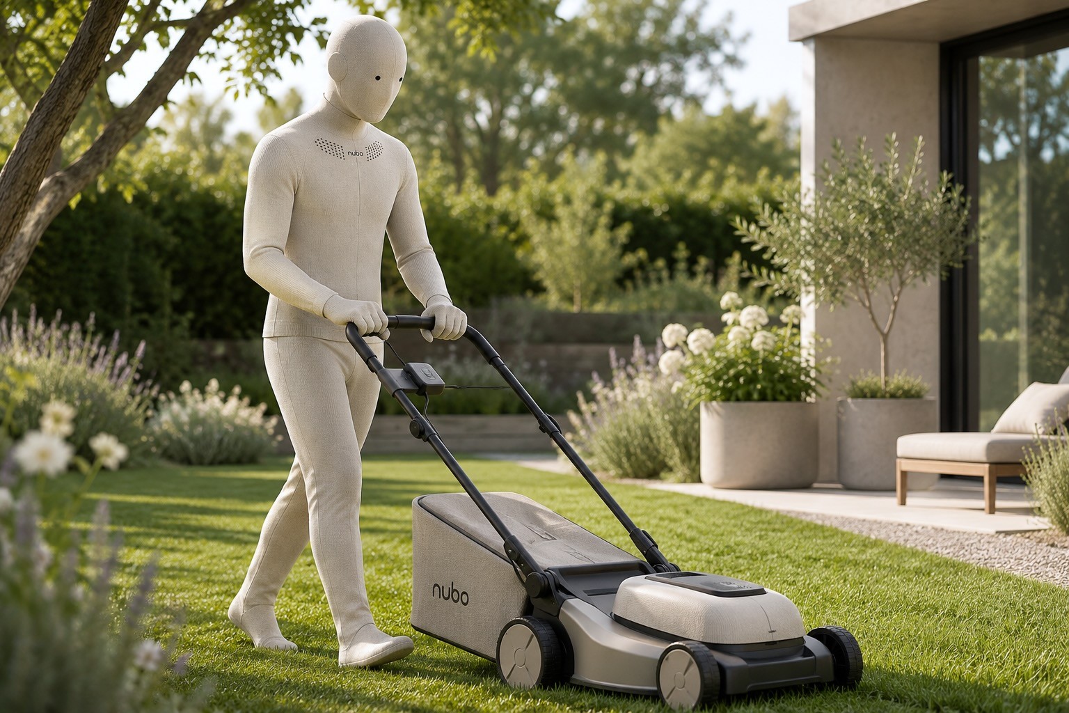 Nubo, the humanoid robot mows the lawn in the garden.
