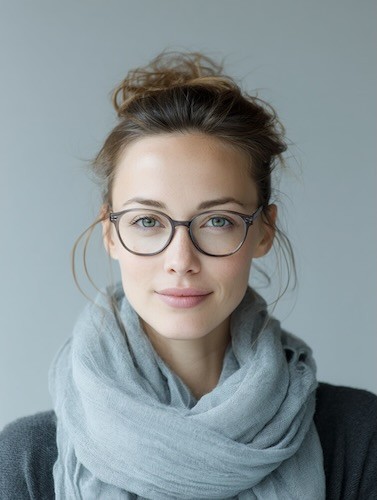 Smiling woman with short curly hair wearing a grey knit sweater, Nubo customer