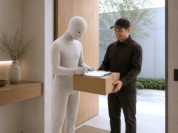 Nubo robot taking a parcel at the front door