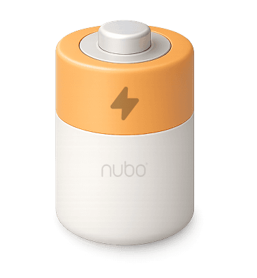 Nubo cylindrical battery unit with orange lightning bolt accent in cream white casing