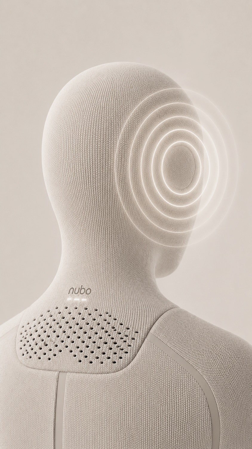 Close-up of Nubo humanoid head with concentric signal rings radiating outward