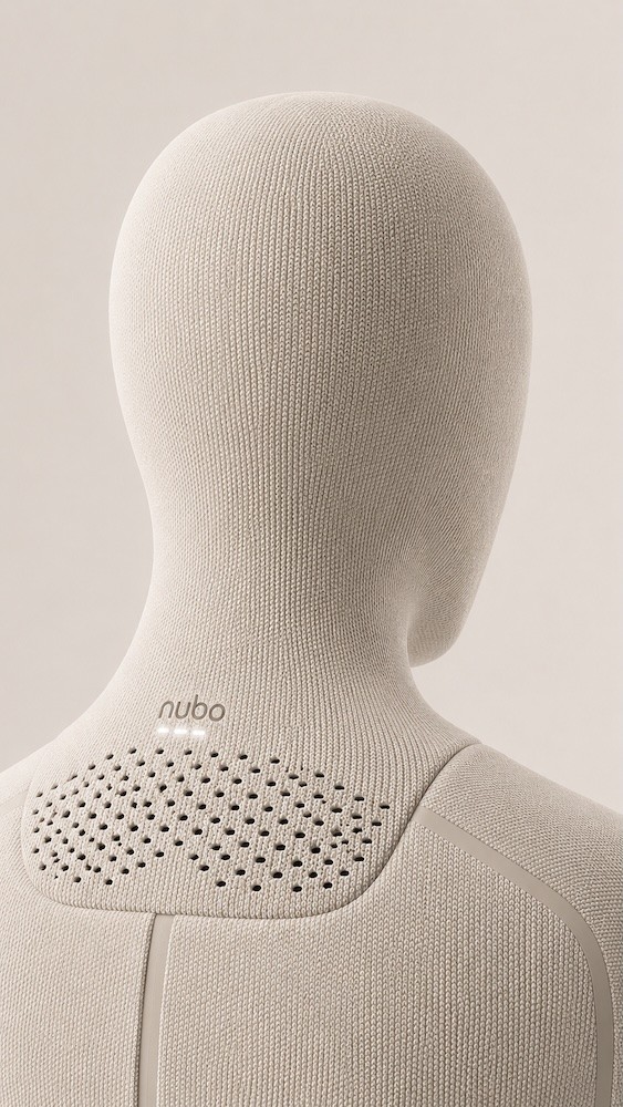 Rear view of Nubo humanoid wearing the garment, showing perforated sensor grid on upper back