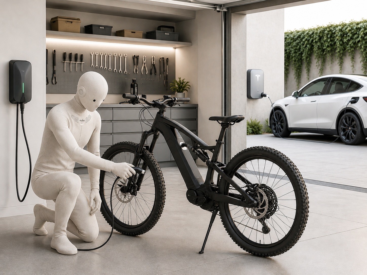 Nubo humanoid robot at home — Charges the bike, not just itself