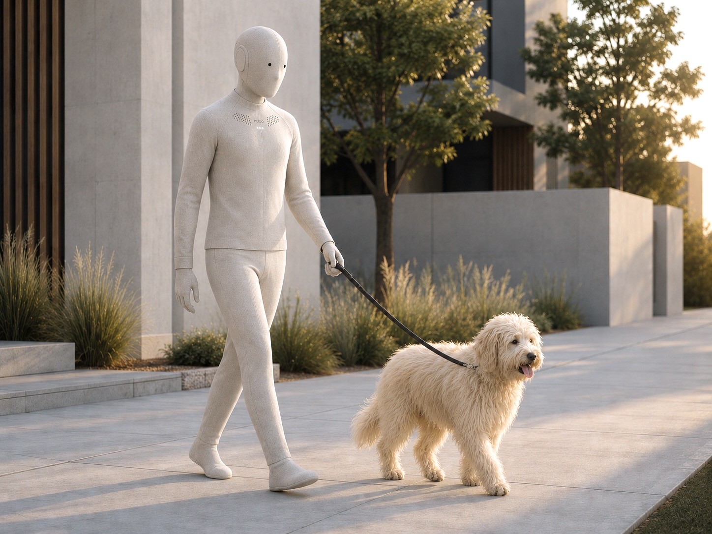 Nubo humanoid robot walking dog.