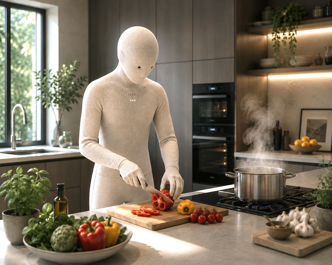 Nubo humanoid robot lending a hand in the kitchen at dinnertime
