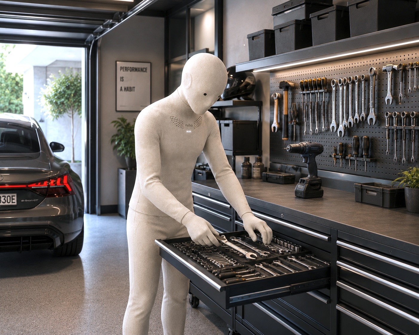 Nubo humanoid robot at home — Charges the bike, not just itself