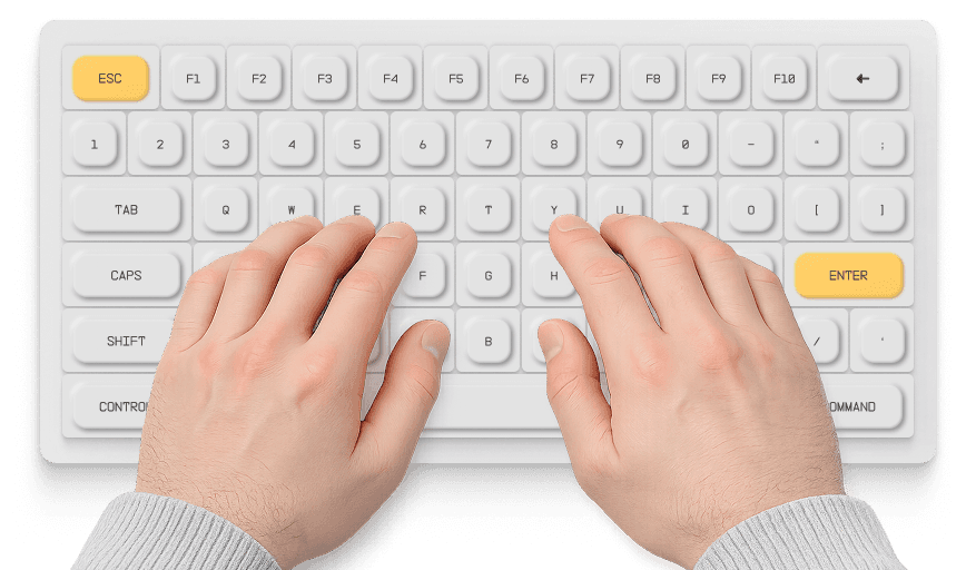 Hands typing on a compact mechanical keyboard with cream and orange accent keys